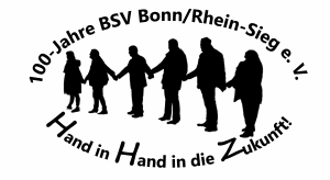Logo 100jähriges Jubiläum BSV Bonn/Rhein-Sieg e.V. - Hand in Hand in die Zukunft - 6 Personen-Silouetten halten sich an den Händen und sind von dem Text in Augenform umgeben
